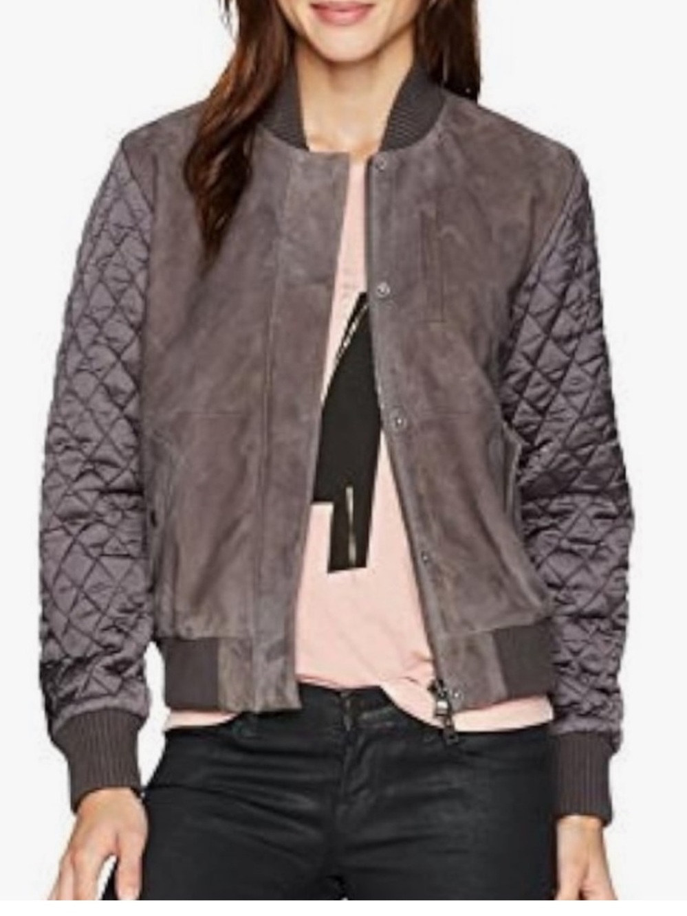 Michael Stars 100% Goat Suede Quilted Sleeve Bomber Jacket Medium | Taupe Brown
